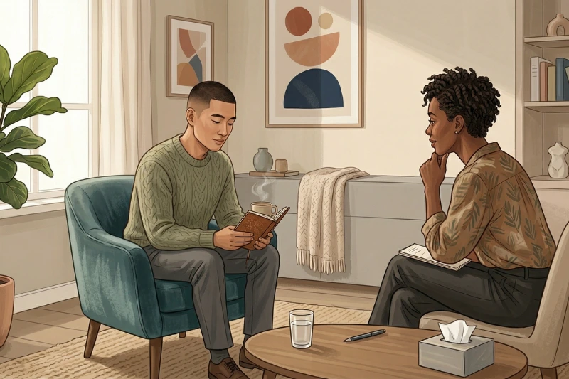 Man Reading During Counseling Session