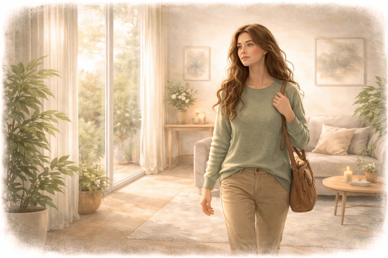 Woman Walking Through Sunlit Home